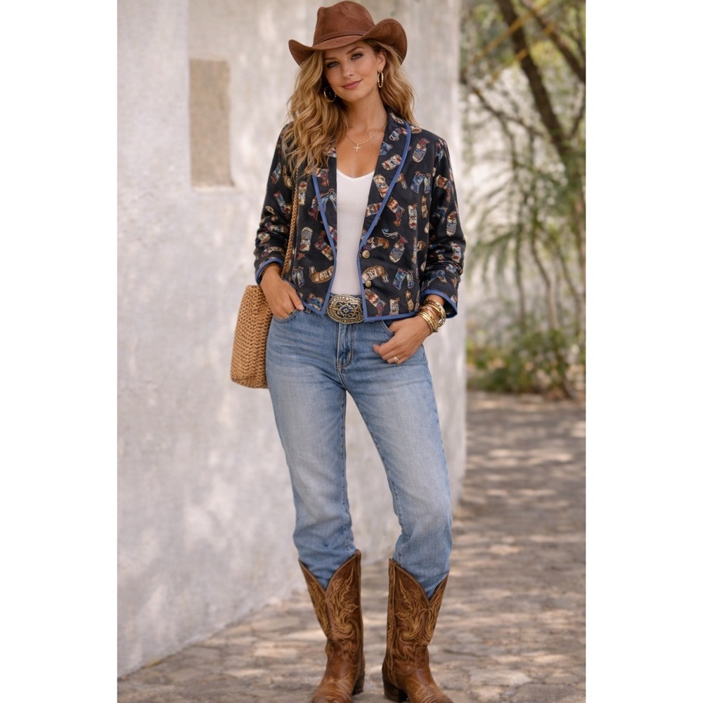 VTG  Tapestry Cowboy Boot Jacket  L Western Concho‎ Button Rodeo Cropped Novelty